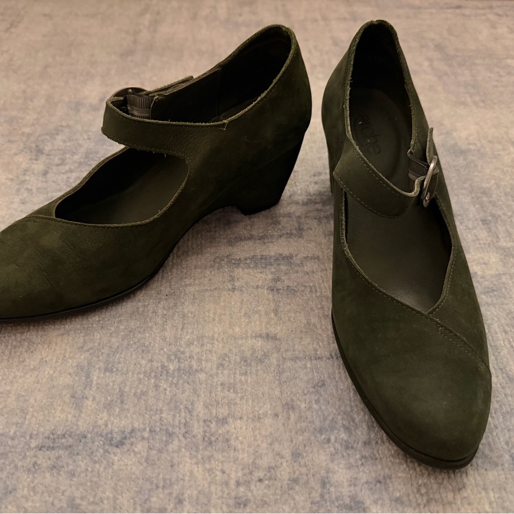 Arche Dark Green Suede Mary Jane Wedge Heels